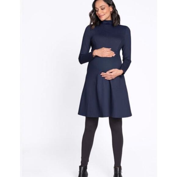 Seraphine Long Sleeve Maternity Dress Womens 6 Navy Blue Turtleneck Pregnancy - Picture 1 of 10
